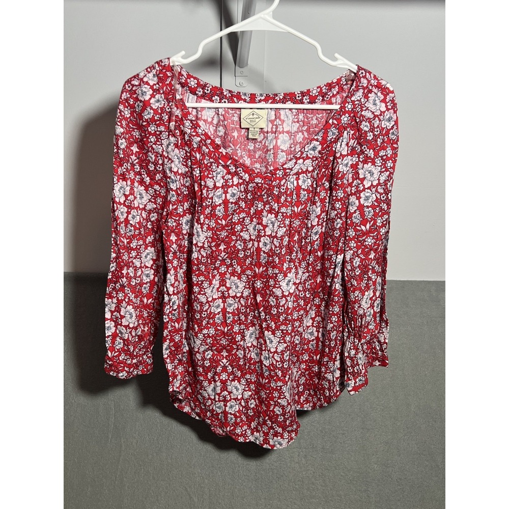 St. John's Bay Women's Red Floral Blouse Size S Cotton Rayon Pleated 3/4‎ Sleeve